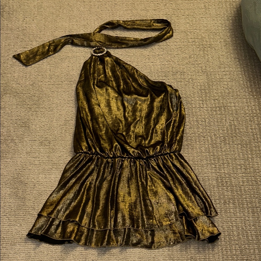 Gold Olive Neck Tie Dress with Ruffle Hem